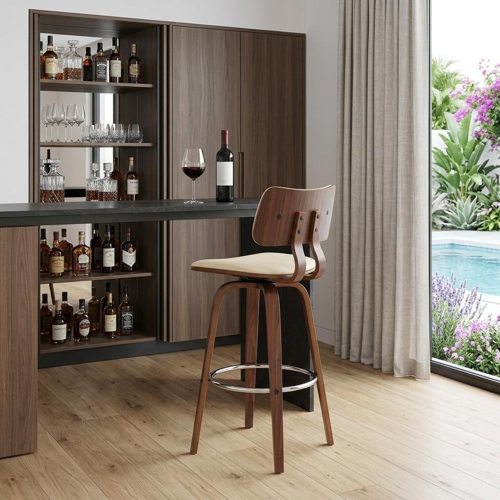 30" Cream And Brown Faux Leather And Fabric And Wood Low Back Bar Height Swivel Bar Chair HomeRoots