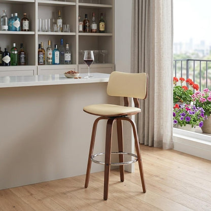 30" Cream And Brown Faux Leather And Fabric And Wood Low Back Bar Height Swivel Bar Chair HomeRoots