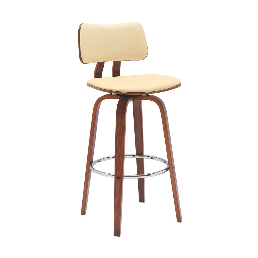 30" Cream And Brown Faux Leather And Fabric And Wood Low Back Bar Height Swivel Bar Chair HomeRoots