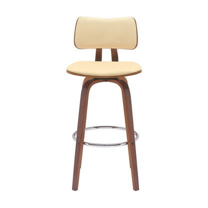 30" Cream And Brown Faux Leather And Fabric And Wood Low Back Bar Height Swivel Bar Chair HomeRoots