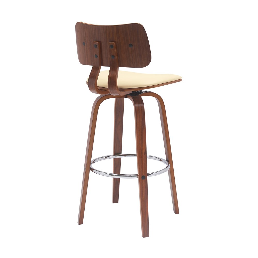 30" Cream And Brown Faux Leather And Fabric And Wood Low Back Bar Height Swivel Bar Chair HomeRoots