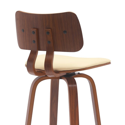 30" Cream And Brown Faux Leather And Fabric And Wood Low Back Bar Height Swivel Bar Chair HomeRoots
