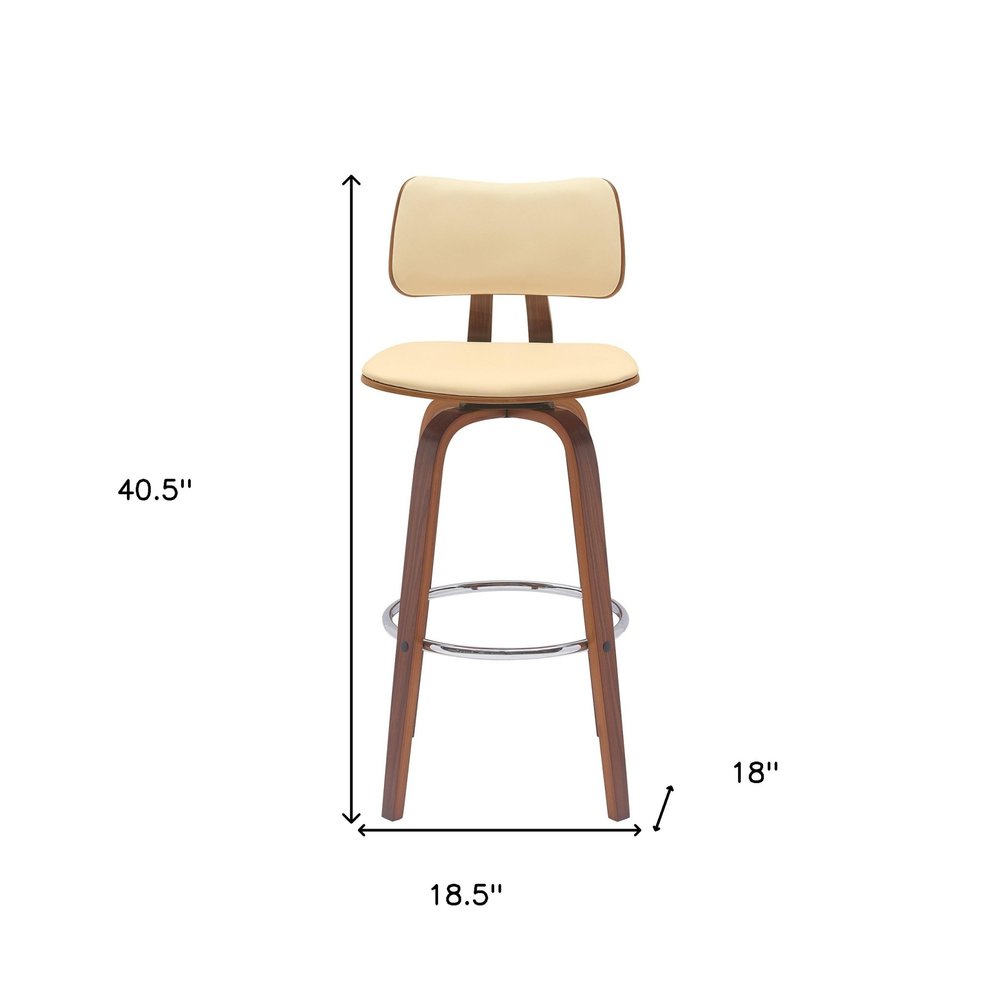 30" Cream And Brown Faux Leather And Fabric And Wood Low Back Bar Height Swivel Bar Chair HomeRoots