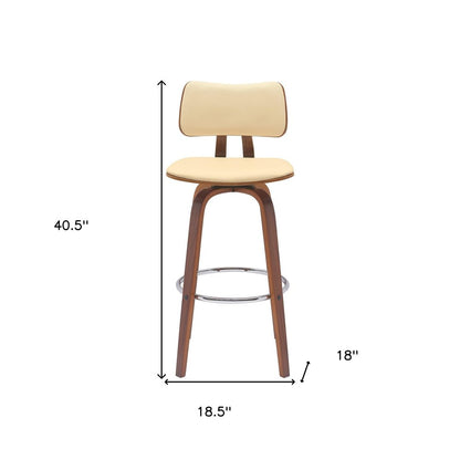 30" Cream And Brown Faux Leather And Fabric And Wood Low Back Bar Height Swivel Bar Chair HomeRoots