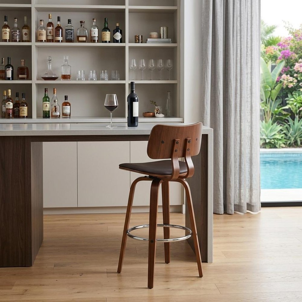 30" Brown Faux Leather And Fabric And Wood Low Back Bar Height Swivel Bar Chair HomeRoots