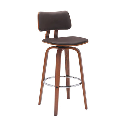 30" Brown Faux Leather And Fabric And Wood Low Back Bar Height Swivel Bar Chair HomeRoots