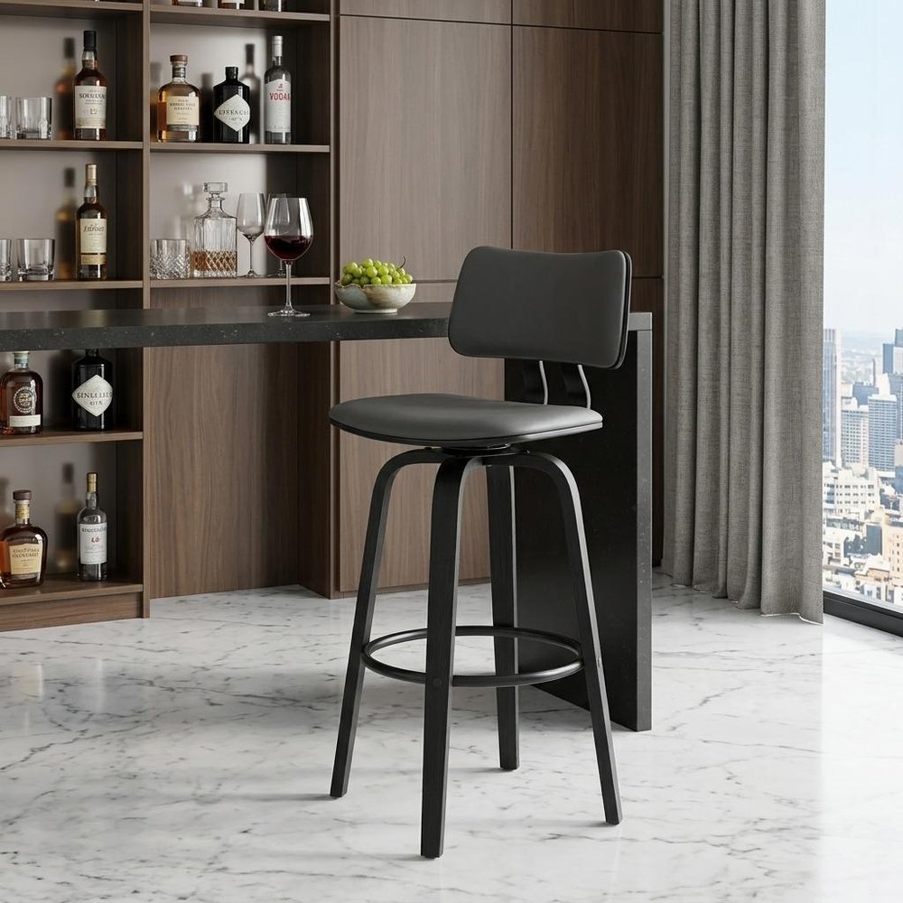 30" Gray And Black Faux Leather And Fabric And Wood Low Back Bar Height Swivel Bar Chair HomeRoots