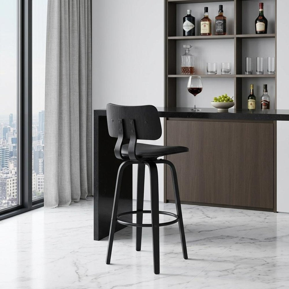 30" Gray And Black Faux Leather And Fabric And Wood Low Back Bar Height Swivel Bar Chair HomeRoots