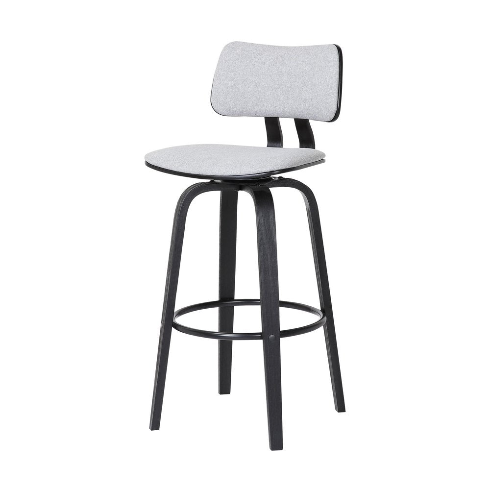 30" Light Gray And Black Fabric And Wood Low Back Bar Height Swivel Bar Chair HomeRoots