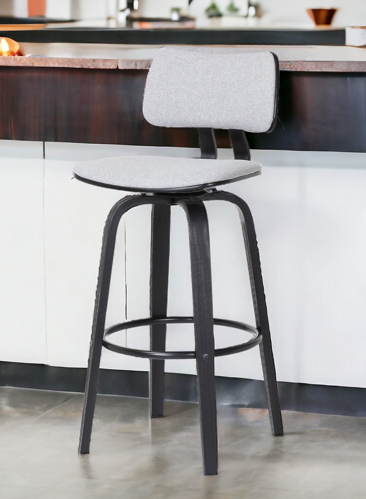 30" Light Gray And Black Fabric And Wood Low Back Bar Height Swivel Bar Chair HomeRoots