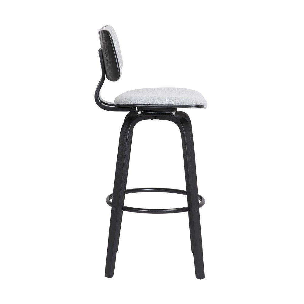 30" Light Gray And Black Fabric And Wood Low Back Bar Height Swivel Bar Chair HomeRoots