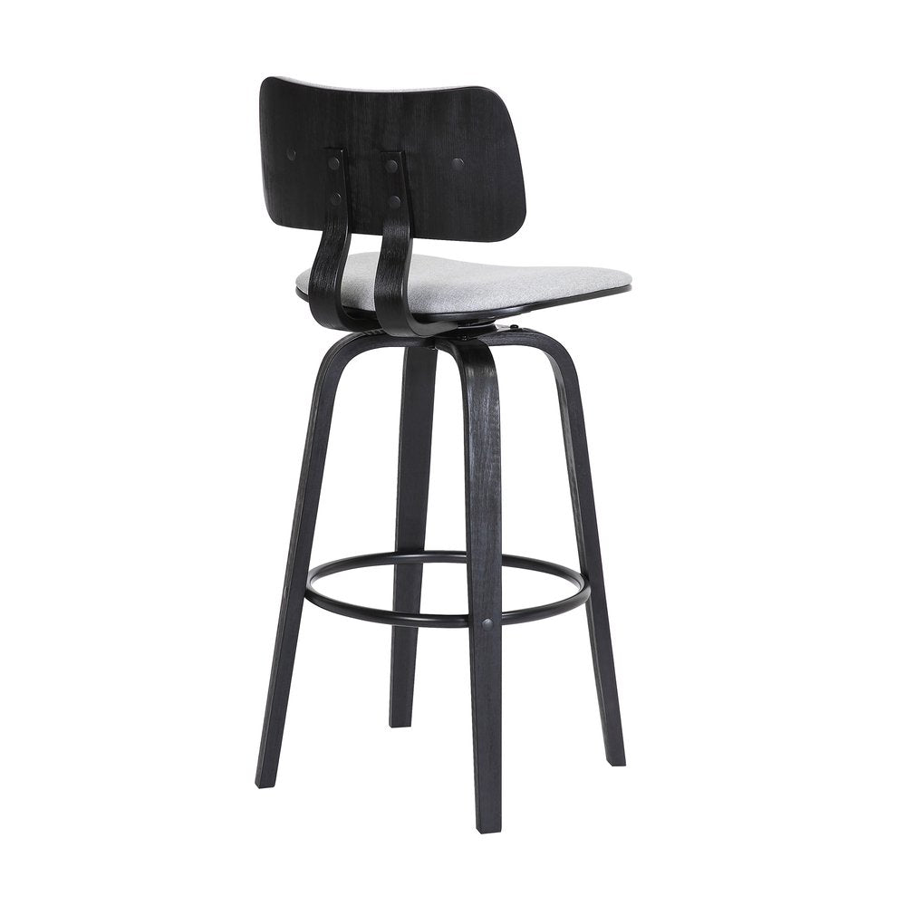 30" Light Gray And Black Fabric And Wood Low Back Bar Height Swivel Bar Chair HomeRoots