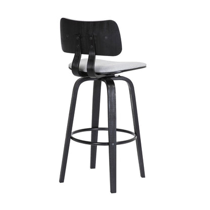 30" Light Gray And Black Fabric And Wood Low Back Bar Height Swivel Bar Chair HomeRoots