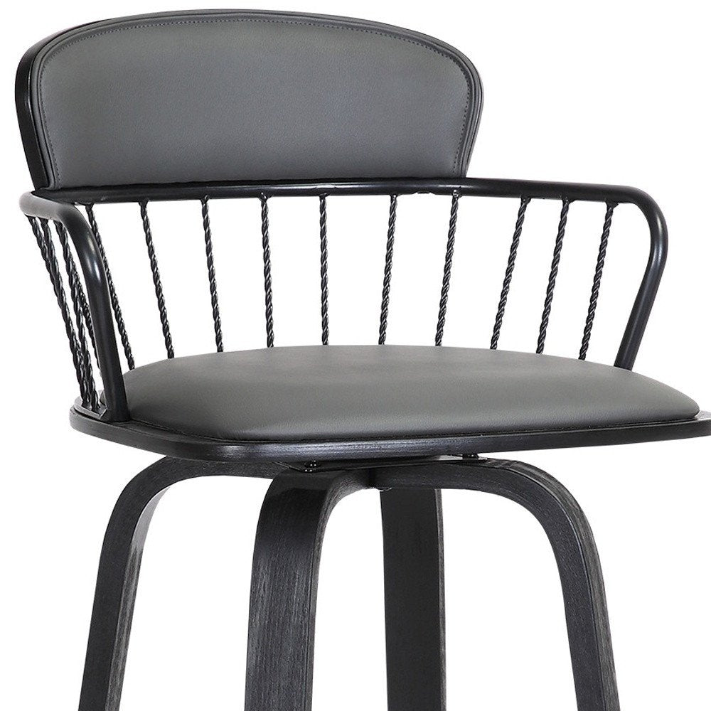 26" Gray And Black Faux Leather And Fabric And Wood Low Back Counter Height Swivel Bar Chair HomeRoots