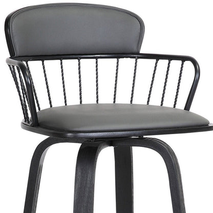 26" Gray And Black Faux Leather And Fabric And Wood Low Back Counter Height Swivel Bar Chair HomeRoots