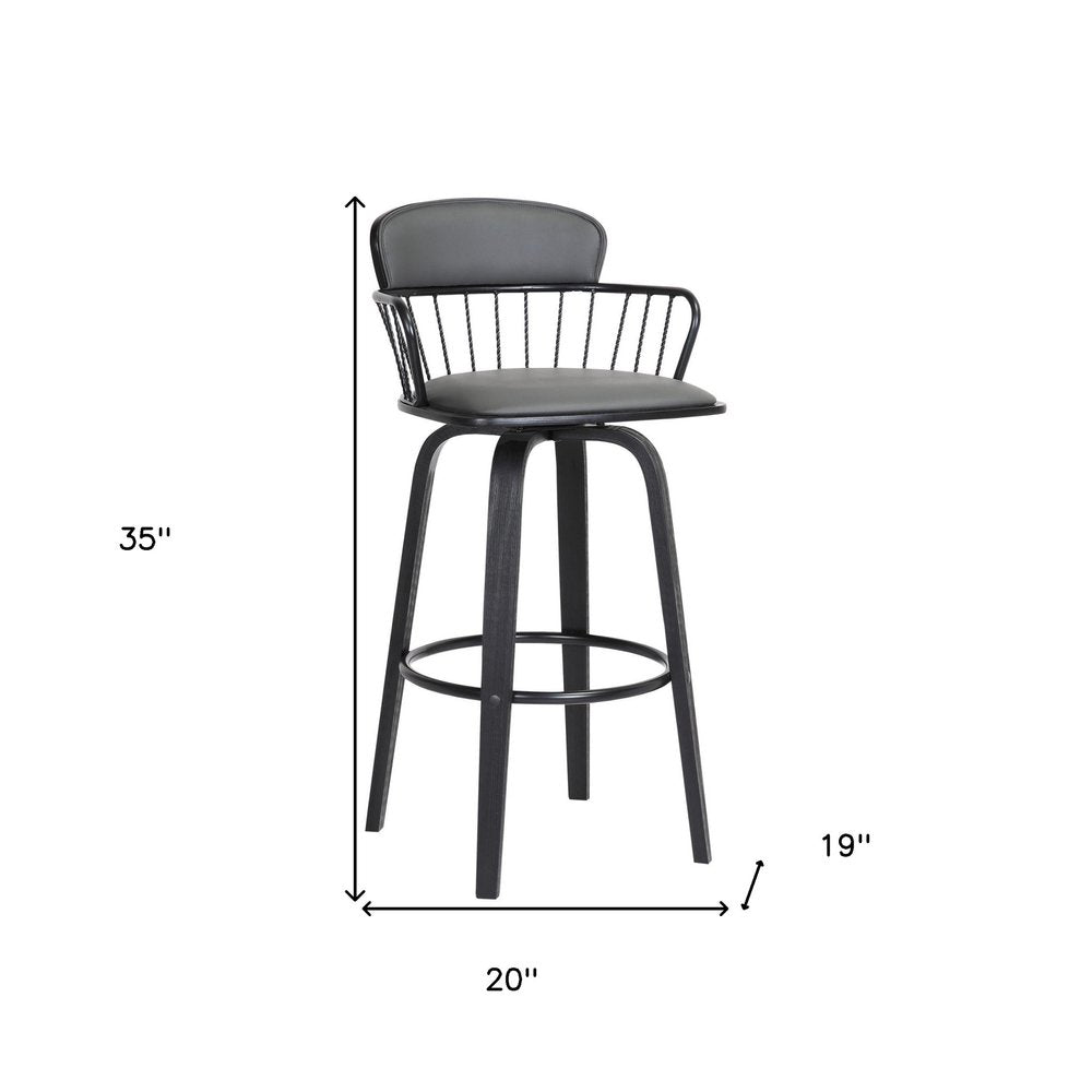 26" Gray And Black Faux Leather And Fabric And Wood Low Back Counter Height Swivel Bar Chair HomeRoots