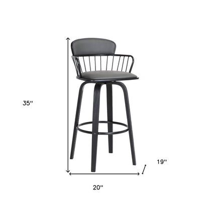 26" Gray And Black Faux Leather And Fabric And Wood Low Back Counter Height Swivel Bar Chair HomeRoots