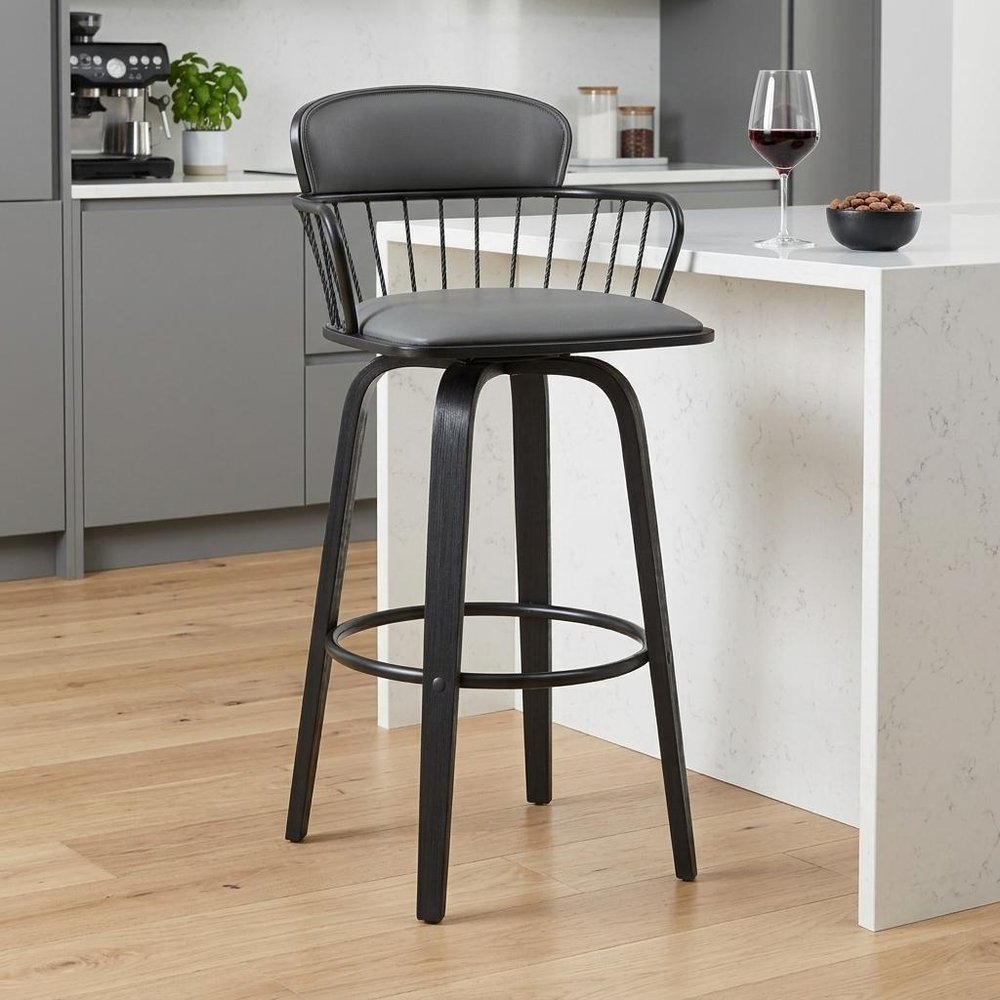 26" Gray And Black Faux Leather And Fabric And Wood Low Back Counter Height Swivel Bar Chair HomeRoots