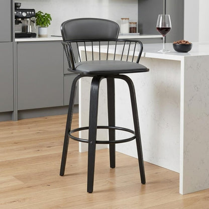 26" Gray And Black Faux Leather And Fabric And Wood Low Back Counter Height Swivel Bar Chair HomeRoots