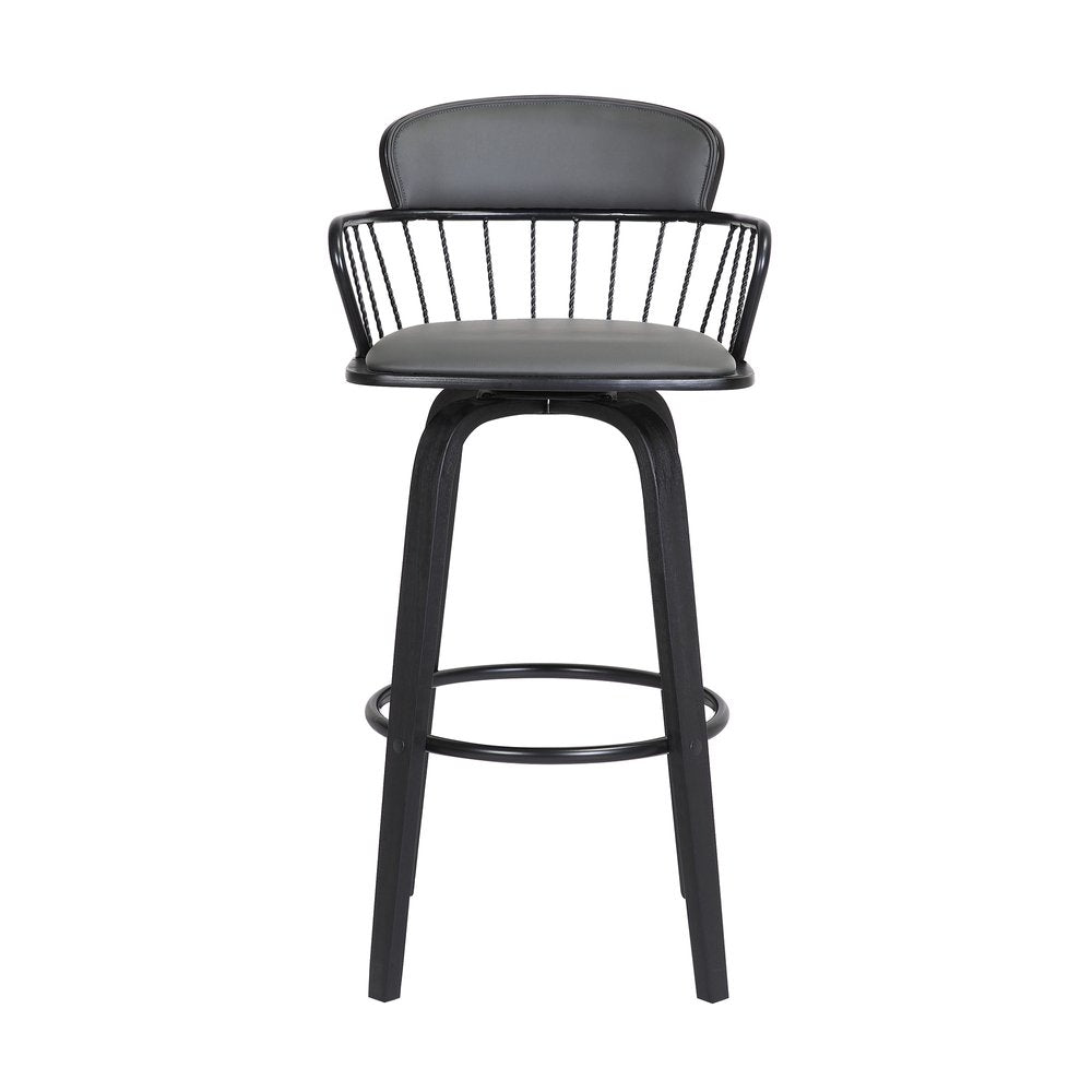 26" Gray And Black Faux Leather And Fabric And Wood Low Back Counter Height Swivel Bar Chair HomeRoots