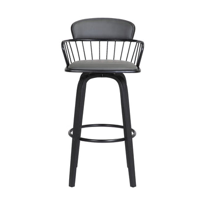 26" Gray And Black Faux Leather And Fabric And Wood Low Back Counter Height Swivel Bar Chair HomeRoots