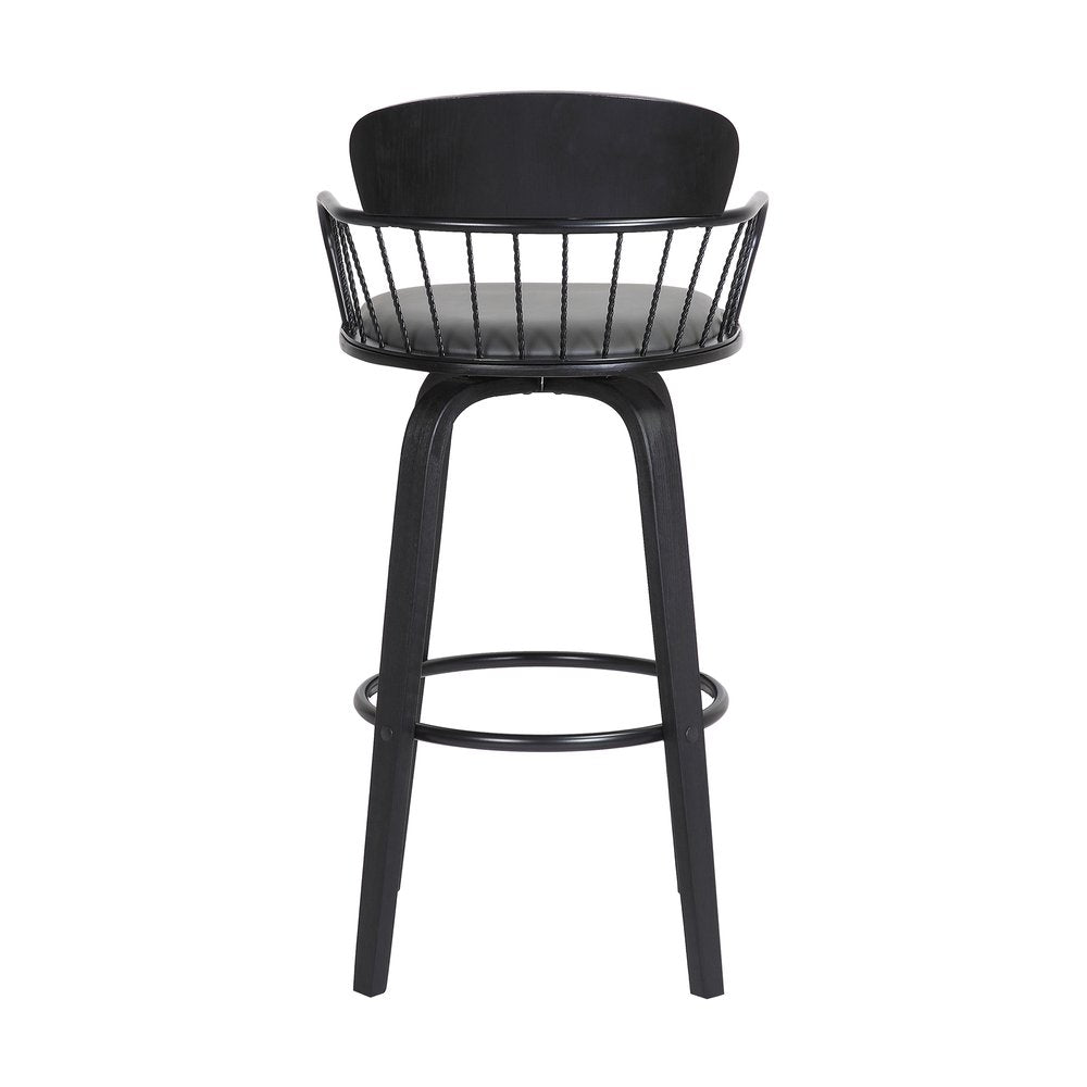26" Gray And Black Faux Leather And Fabric And Wood Low Back Counter Height Swivel Bar Chair HomeRoots