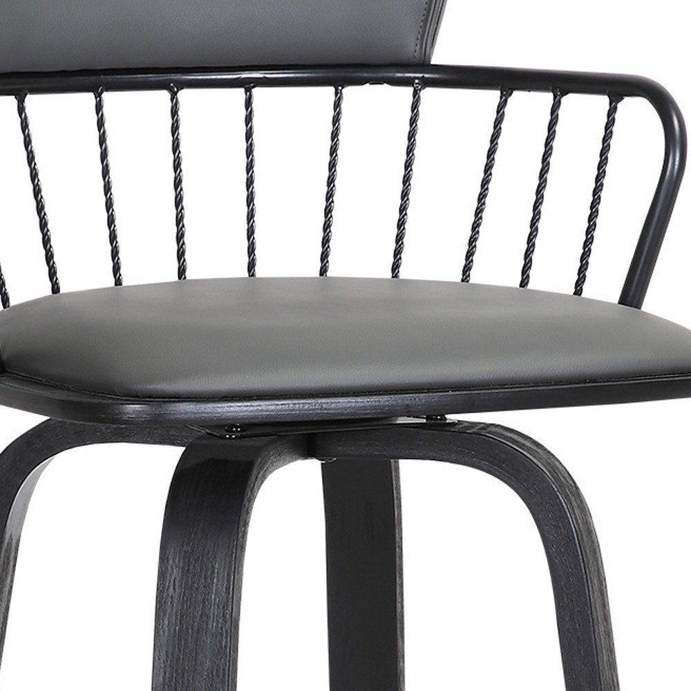 26" Gray And Black Faux Leather And Fabric And Wood Low Back Counter Height Swivel Bar Chair HomeRoots