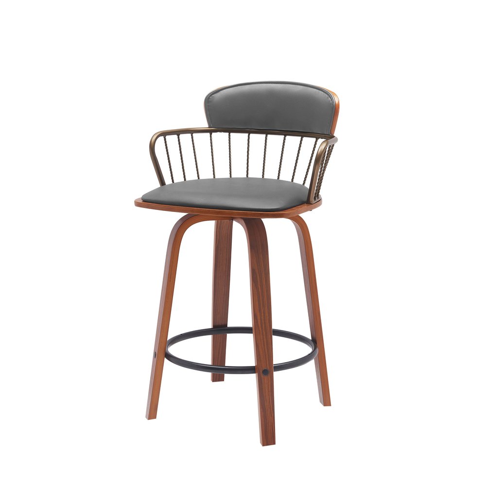 26" Gray And Brown Faux Leather And Fabric And Wood Low Back Counter Height Swivel Bar Chair HomeRoots