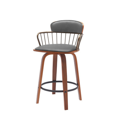 26" Gray And Brown Faux Leather And Fabric And Wood Low Back Counter Height Swivel Bar Chair HomeRoots