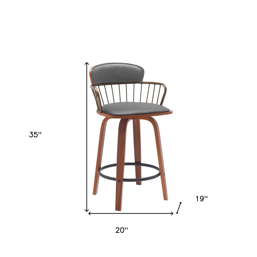 26" Gray And Brown Faux Leather And Fabric And Wood Low Back Counter Height Swivel Bar Chair HomeRoots