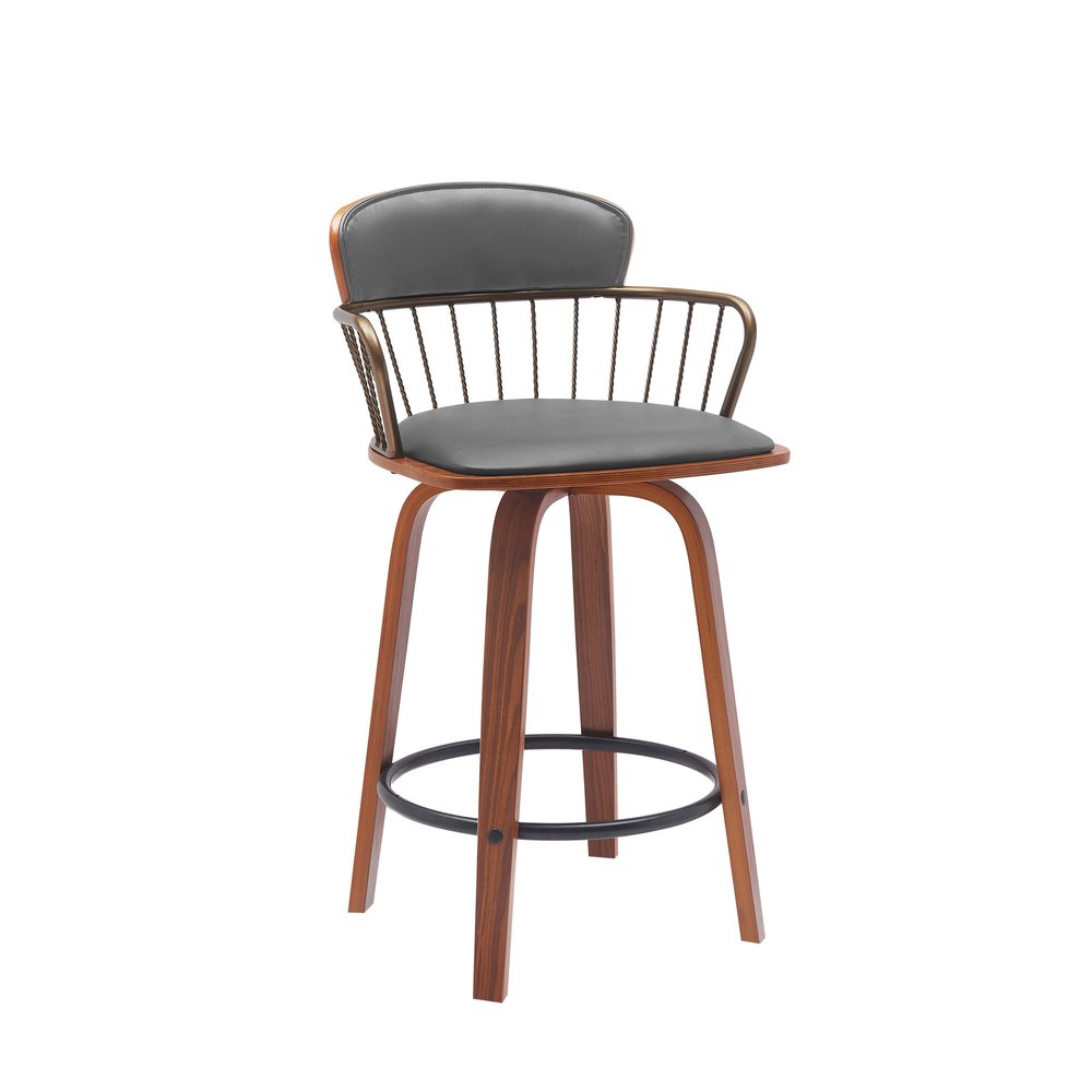 26" Gray And Brown Faux Leather And Fabric And Wood Low Back Counter Height Swivel Bar Chair HomeRoots