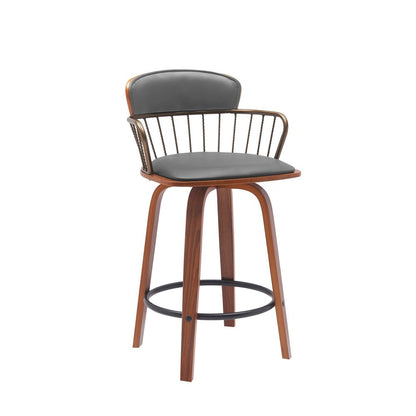 26" Gray And Brown Faux Leather And Fabric And Wood Low Back Counter Height Swivel Bar Chair HomeRoots