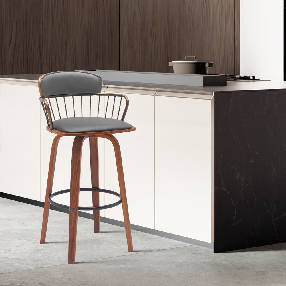 26" Gray And Brown Faux Leather And Fabric And Wood Low Back Counter Height Swivel Bar Chair HomeRoots