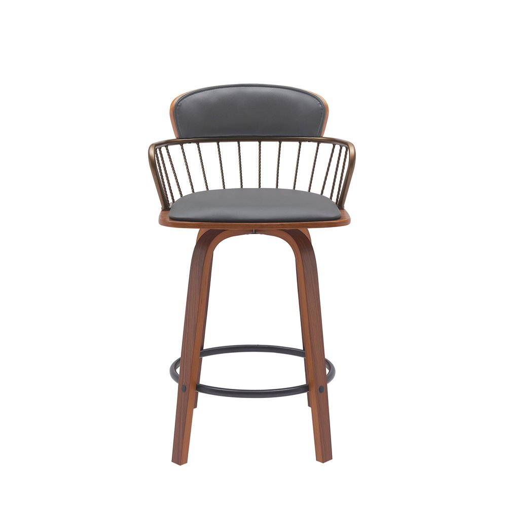 26" Gray And Brown Faux Leather And Fabric And Wood Low Back Counter Height Swivel Bar Chair HomeRoots
