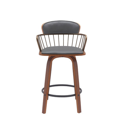 26" Gray And Brown Faux Leather And Fabric And Wood Low Back Counter Height Swivel Bar Chair HomeRoots