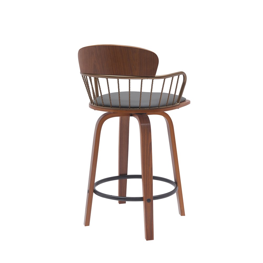 26" Gray And Brown Faux Leather And Fabric And Wood Low Back Counter Height Swivel Bar Chair HomeRoots
