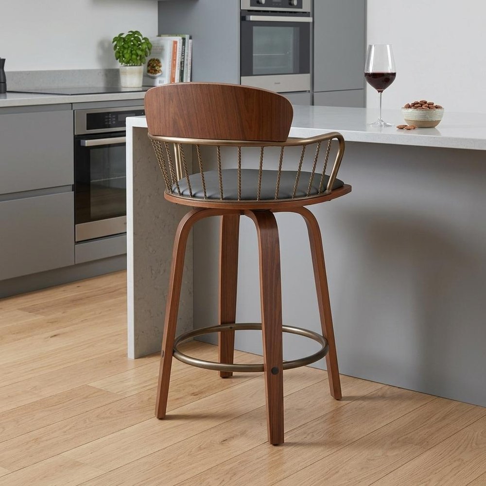 26" Gray And Brown Faux Leather And Fabric And Wood Low Back Counter Height Swivel Bar Chair HomeRoots