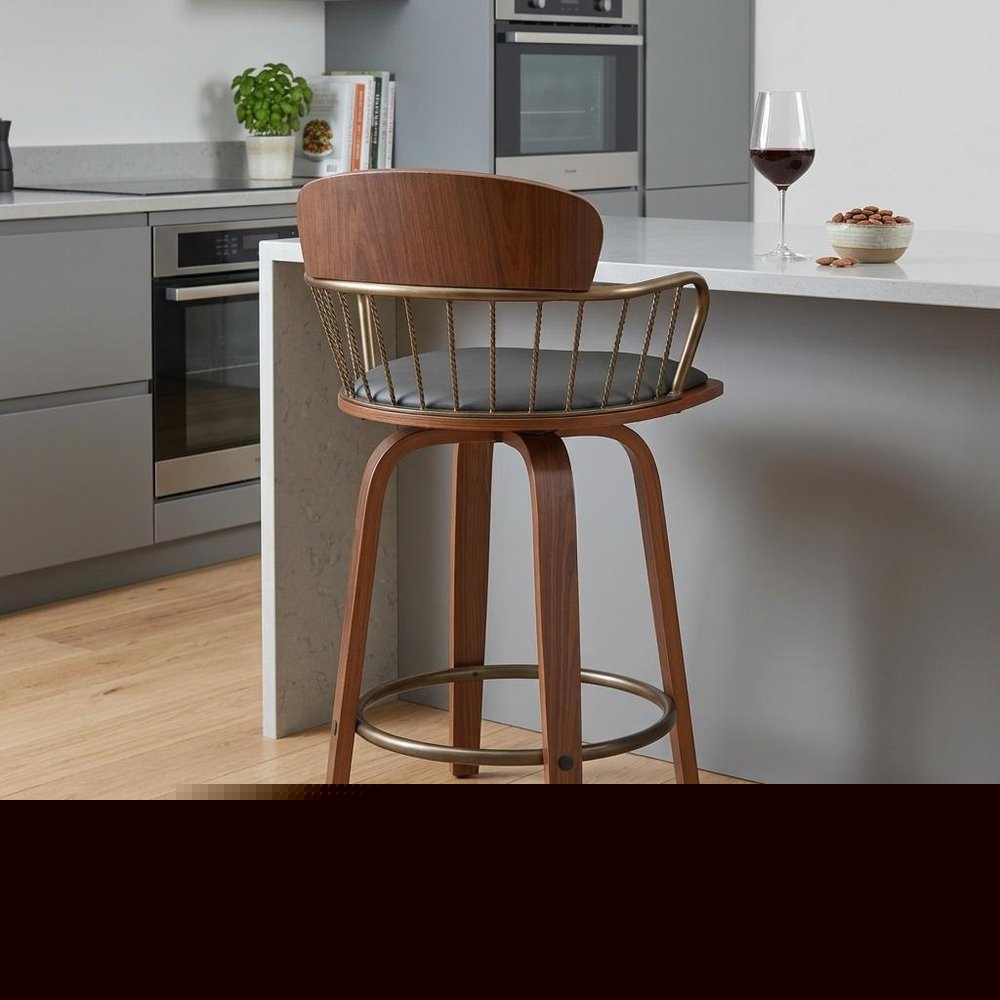 26" Gray And Wood Brown Faux Leather Swivel Low Back Counter Height Bar Chair HomeRoots