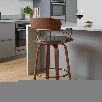 26" Gray And Wood Brown Faux Leather Swivel Low Back Counter Height Bar Chair HomeRoots
