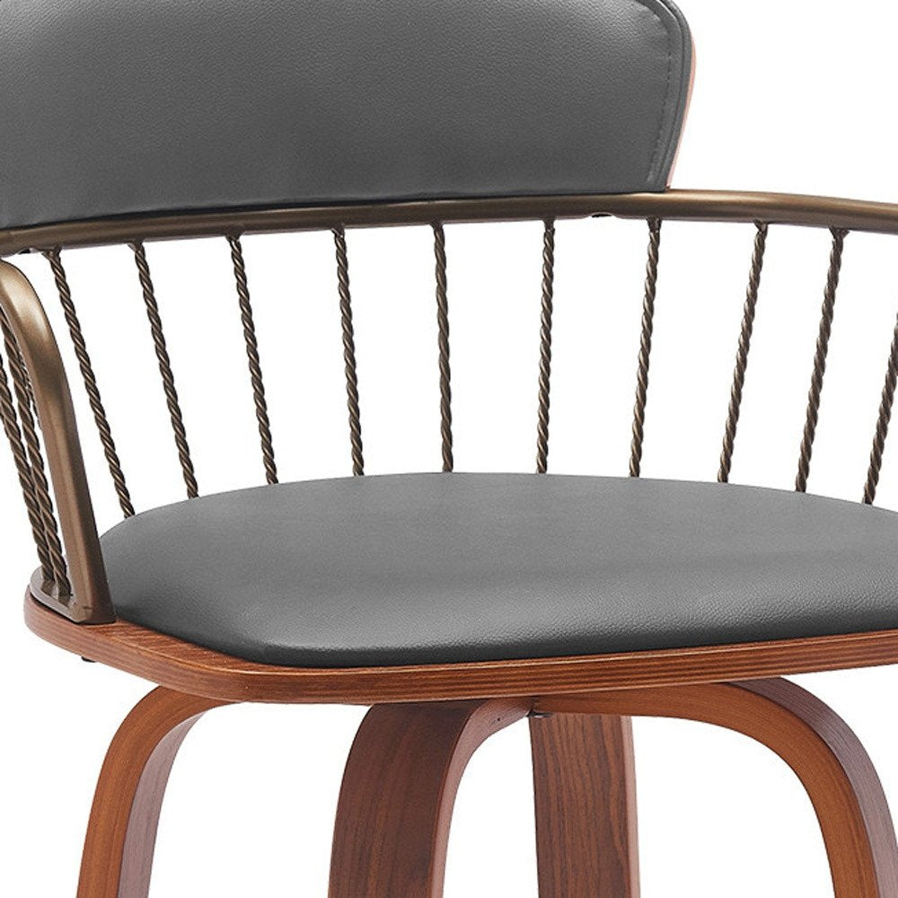 26" Gray And Brown Faux Leather And Fabric And Wood Low Back Counter Height Swivel Bar Chair HomeRoots