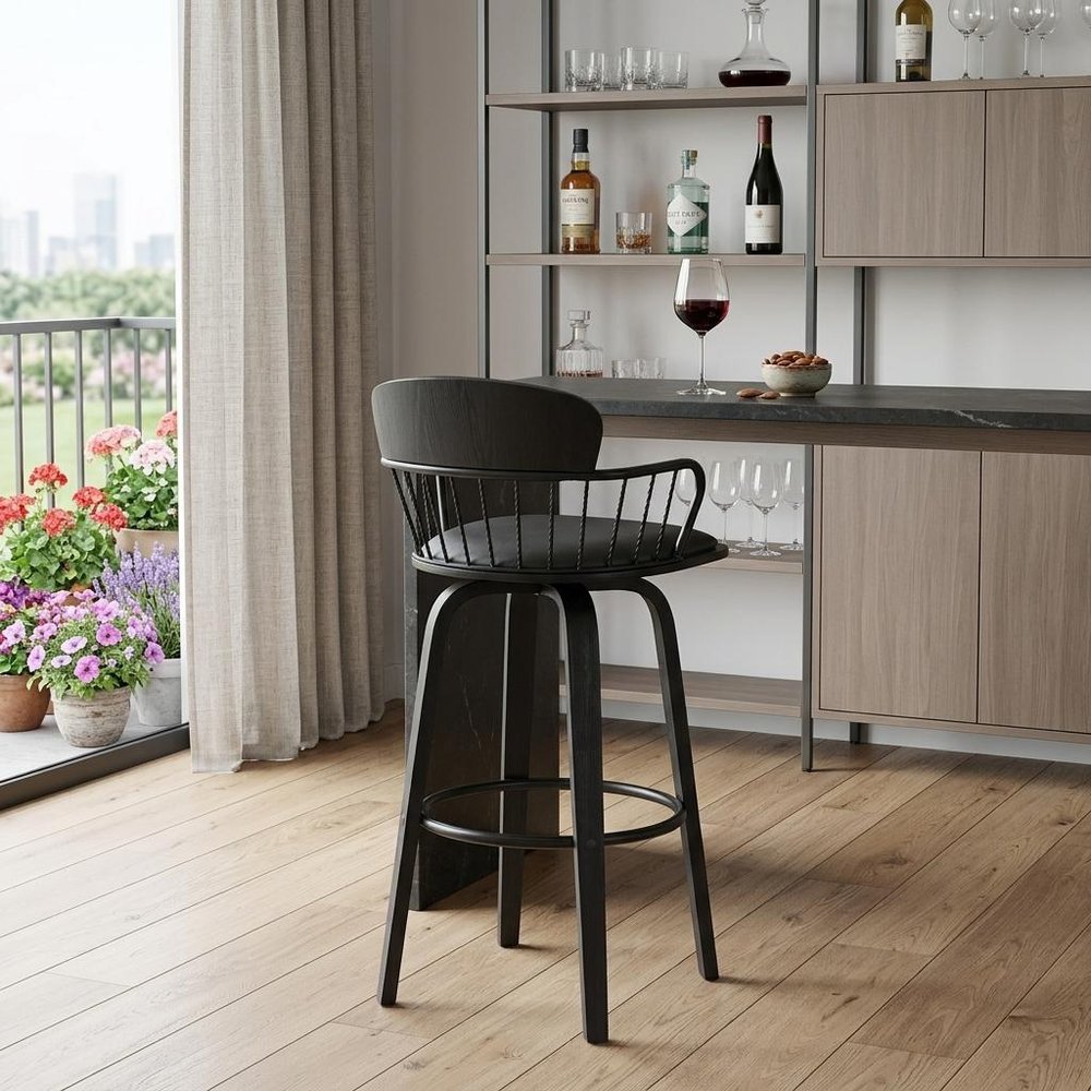 30" Gray And Black Faux Leather And Fabric And Wood Low Back Bar Height Swivel Bar Chair HomeRoots