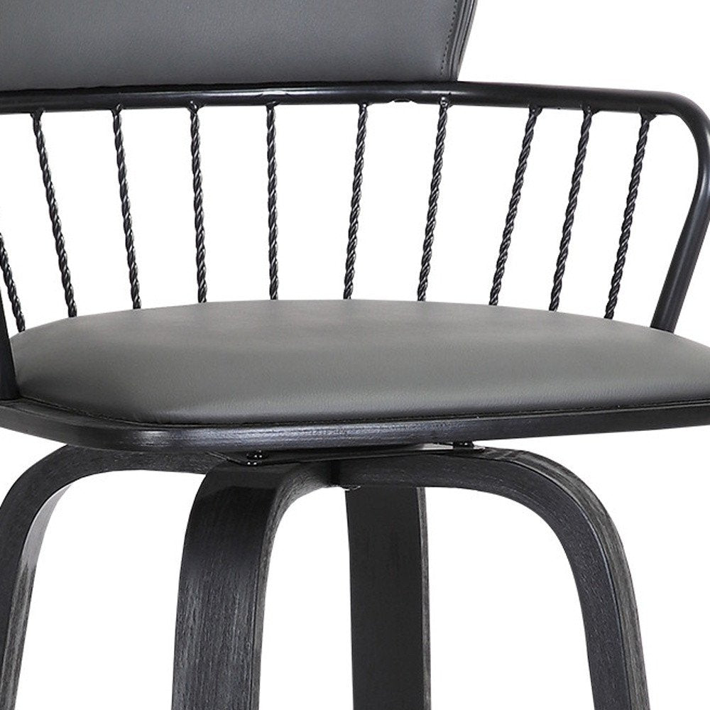 30" Gray And Black Faux Leather And Fabric And Wood Low Back Bar Height Swivel Bar Chair HomeRoots