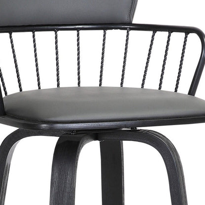 30" Gray And Black Faux Leather And Fabric And Wood Low Back Bar Height Swivel Bar Chair HomeRoots