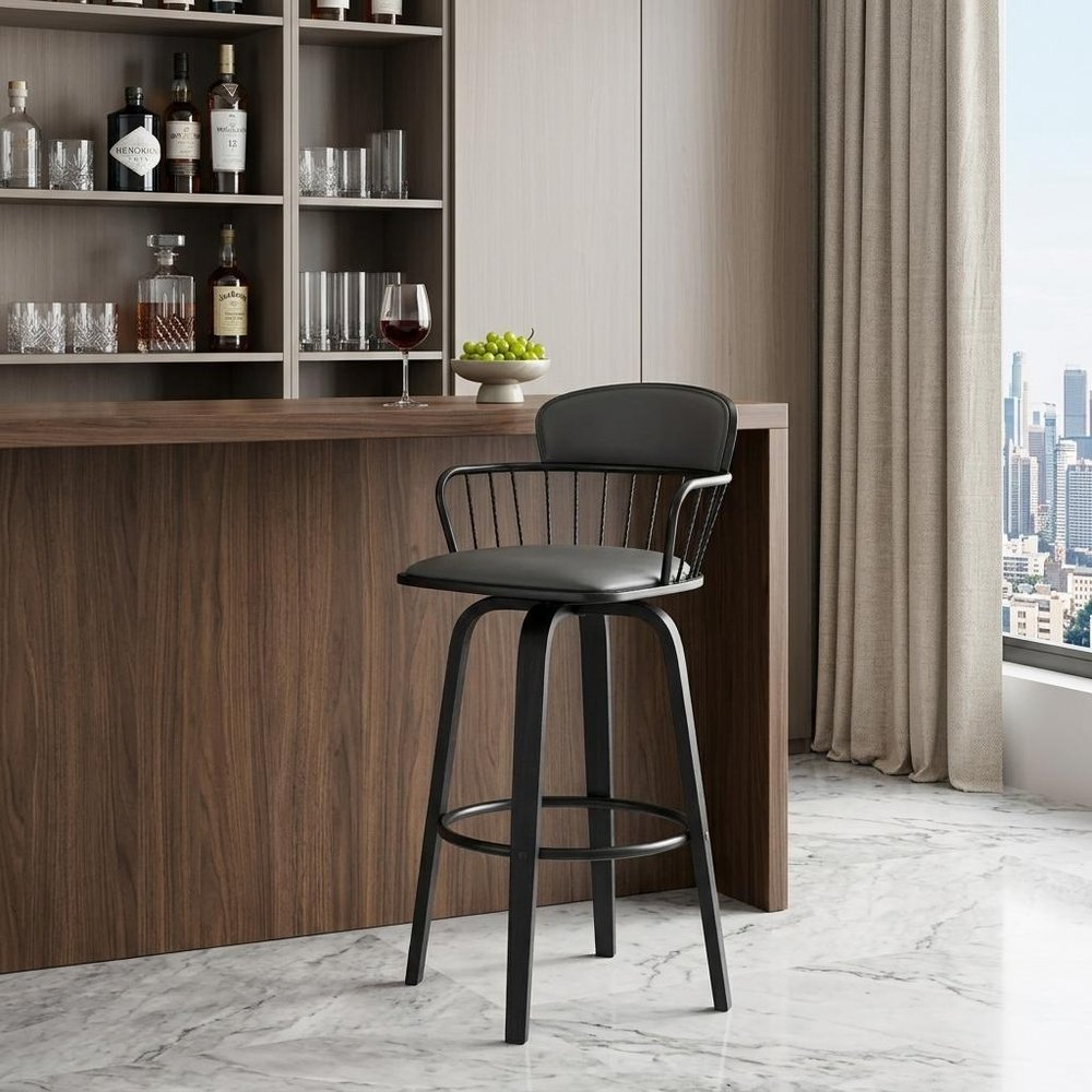 30" Gray And Black Faux Leather And Fabric And Wood Low Back Bar Height Swivel Bar Chair HomeRoots