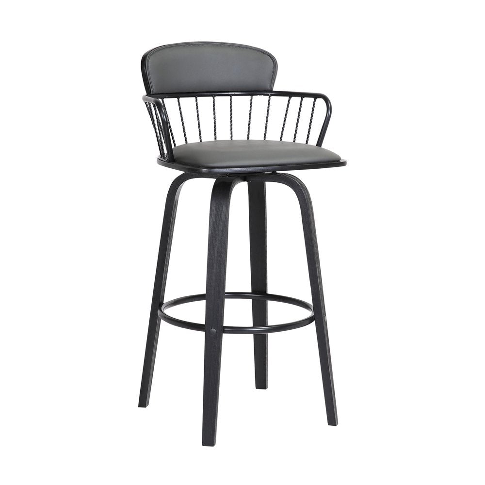 30" Gray And Black Faux Leather And Fabric And Wood Low Back Bar Height Swivel Bar Chair HomeRoots
