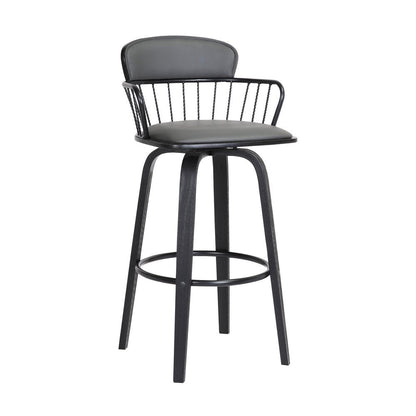 30" Gray And Black Faux Leather And Fabric And Wood Low Back Bar Height Swivel Bar Chair HomeRoots