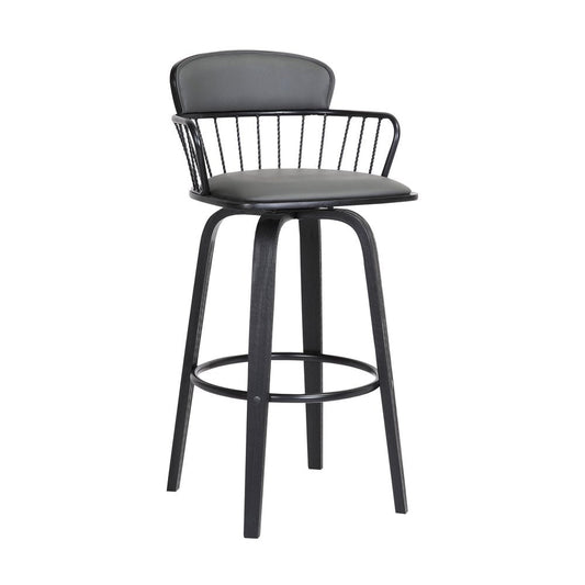 30" Gray And Black Faux Leather And Fabric And Wood Low Back Bar Height Swivel Bar Chair HomeRoots