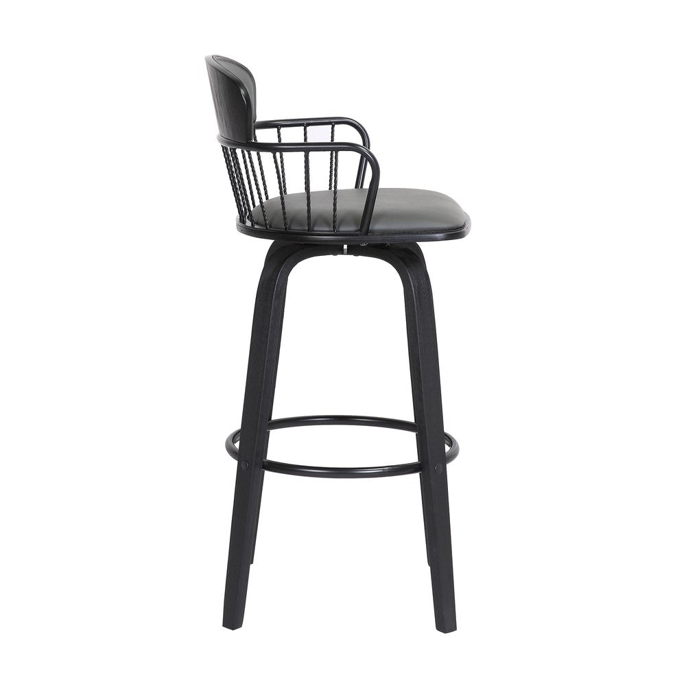 30" Gray And Black Faux Leather And Fabric And Wood Low Back Bar Height Swivel Bar Chair HomeRoots