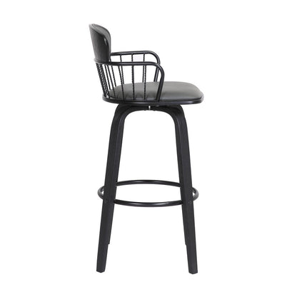 30" Gray And Black Faux Leather And Fabric And Wood Low Back Bar Height Swivel Bar Chair HomeRoots