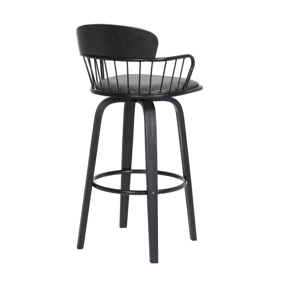 30" Gray And Black Faux Leather And Fabric And Wood Low Back Bar Height Swivel Bar Chair HomeRoots